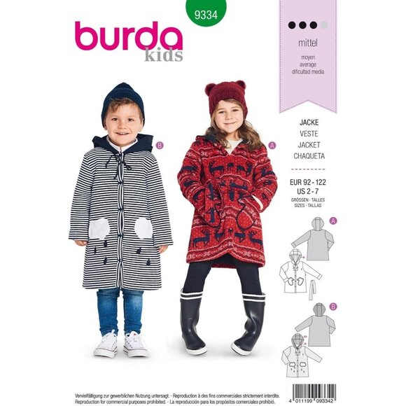 Burda Kids Sewing Pattern 9334 Hooded Coat Or Jacket Sizes 2-7 Multiple Styles - Picture 1 of 1